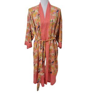 Handprint Size OS Belted Kimono / Lightweight Robe Tropical Birds and Tigers